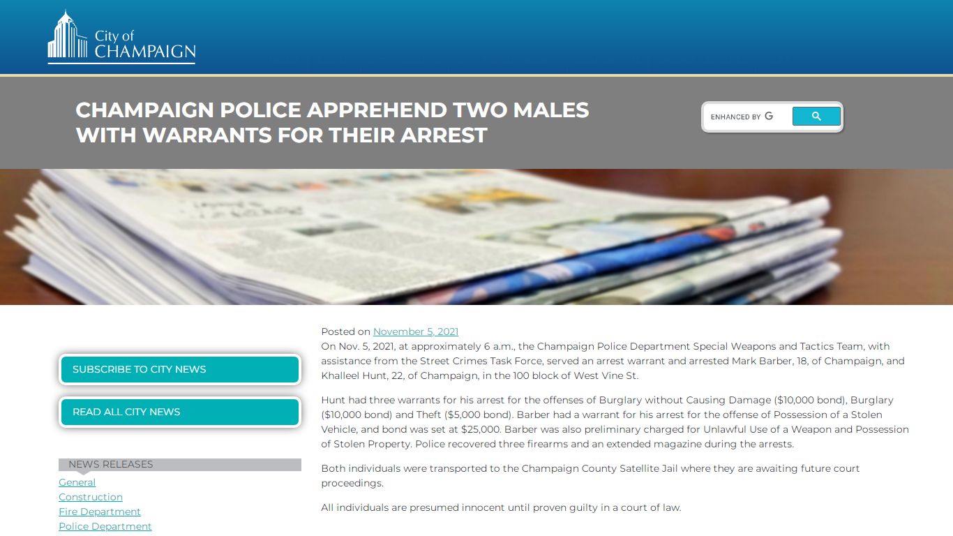 Champaign Police Apprehend Two Males with Warrants for their Arrest